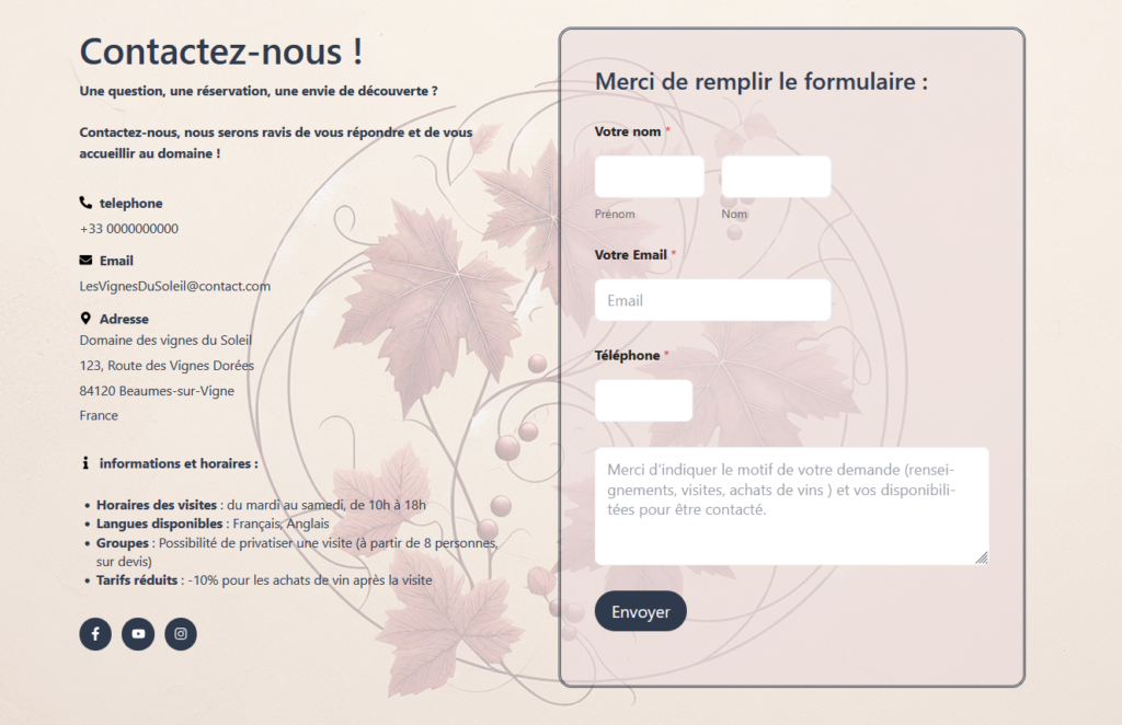 formulaire de contact des vignes du soleil