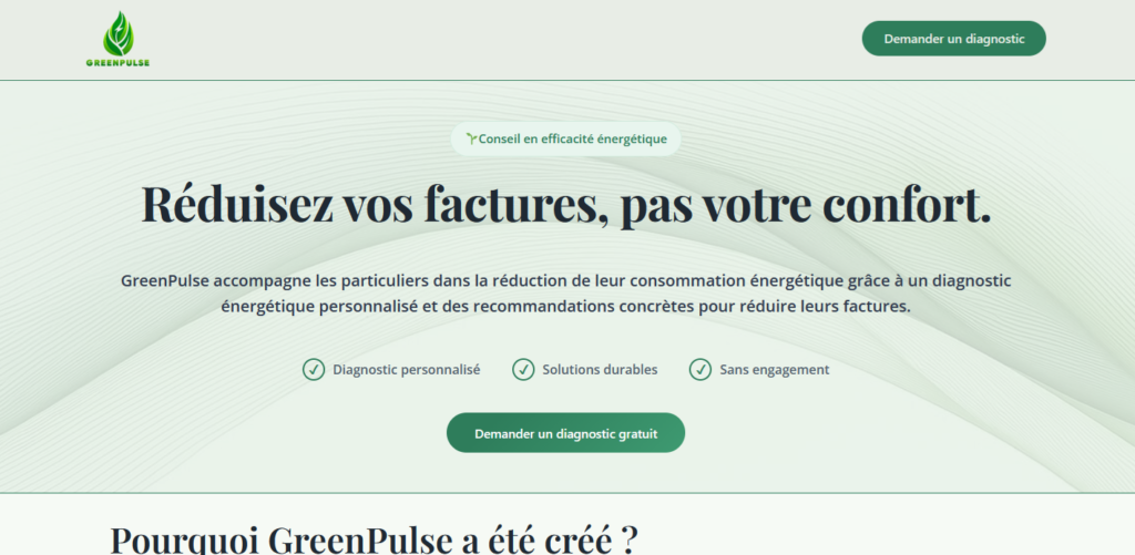 accueil de greenpulse aperçu du site one page